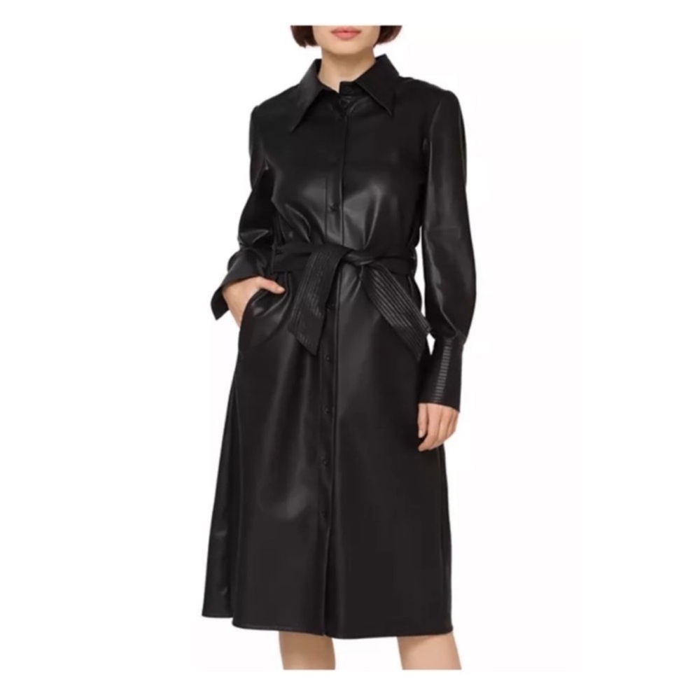 New! GRACIA Puff Sleeve Belted Faux Vegan Leather Trench Coat Midi Dress - Picture 3 of 11